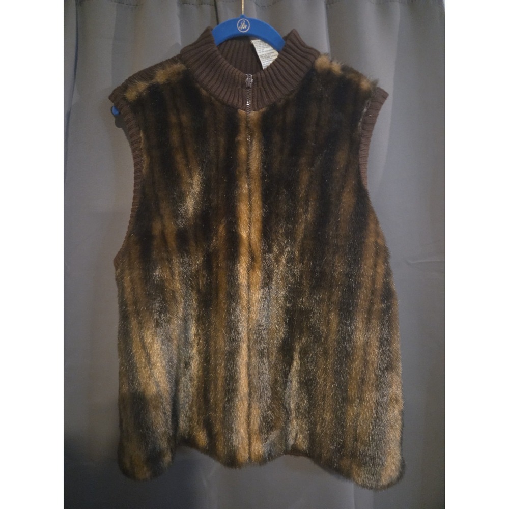 Kathie Lee Collection Vest Womens Large Brown Faux Fur Full Zip Sleeveless